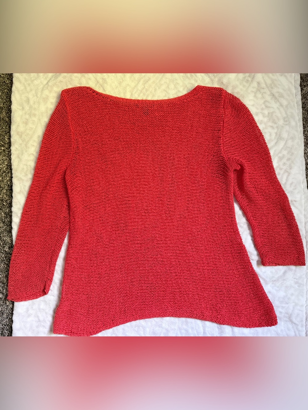 Eileen Fisher Coral-Red Lightweight Knit Scoop Neck Sweater 3/4 Sleeve - Picture 6 of 7